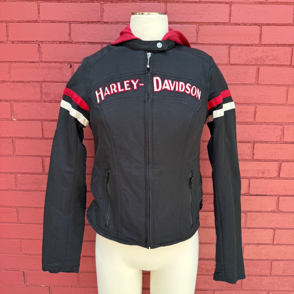 Harley-Davidson Womens Black Motorcycle Jacket Red Hooded Lined Moto Biker‎ XS